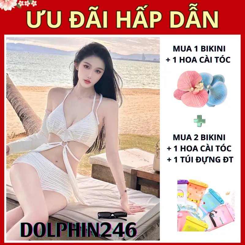 Set đồ đi biển Bikini 2 mảnh áo bơi nữ đi biển áo kèm voan choàng màu trắng quần cạp cao Sport che bụng tốt 986828 A-15 Chạy Bộ 0