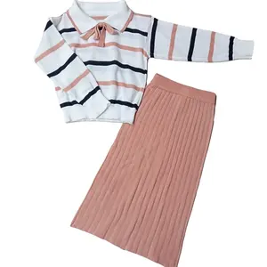 SETELAN Baju ROK RAJUT Fashion ANAK MOTIP GARIS PITA Benang Woll Akrilik Lembut Tebal Size M L XL untuk Umur 4-12 Tahun