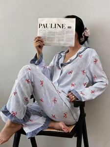 Conjunto de ropa de dormir para mujer, estilo casual dulce para casa, camisa de noche de manga larga con pantalón con lazo y bolsillo, elegante pijama a rayas