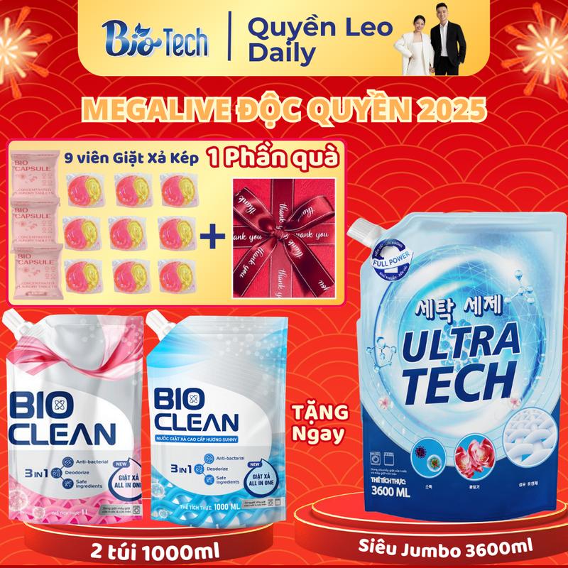 (1) B6 "  Mua 2 túi giặt xả Bio HỒNG - XANH 1000ml  Tặng - 1 túi giặt xả Ultra Tech 3600ml - 9 viên giặt xả Kép  - 1 Phần quà"