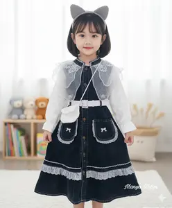 MW-SHOP - Gamis Jeans Butterfly Krah Organza Mix Tangan Brukat Anak Perempuan Usia 3 - 12 Tahun / Fashion Raya Denim Anak Free Belt + Tas - Baju Gamis Viral Anak Model Korean Style