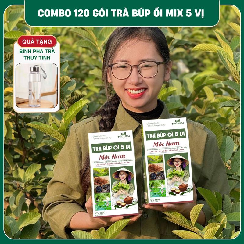 120 Túi Trà Lọc Búp Ổi Non Mix 5 Vị Thảo Mộc Mộc Nam, Lá Sen, Gạo Lứt, Đậu Đen, Giảo Cổ Lam [ Tặng bình thuỷ tinh pha trà 300ml ]