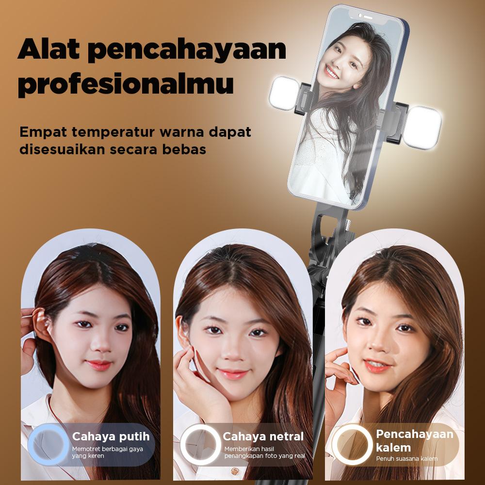 NEXID A17 4in1 Tongsis Tripod Bluetooth 1.8m dengan 4 Kaki Stainless Steel Fill Light & Remote Control 10M Cocok untuk Handphone Kamera S30