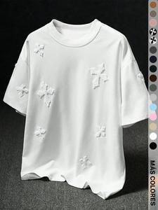Camiseta de hombre con bordado de punto cruzado en color sólido, cuello redondo, ajuste casual, manga larga para todas las estaciones, estilo deportivo universitario
