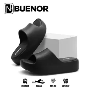 Buenor - Sandal Selop Wedges Wanita Polos Elegan Bahan Karet Empuk Kekinian Hitam Shoes