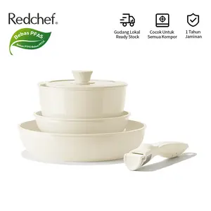 Redchef Set Peralatan Masak Dapat Dilepas Pegangan Anti Lengket Keramik 5 Buah-Wajan Penggorengan (26+20Cm)+ Panci dengan Tutup (20Cm)+ Pegangan Dapat Dilepas Cocok untuk Semua Kompor