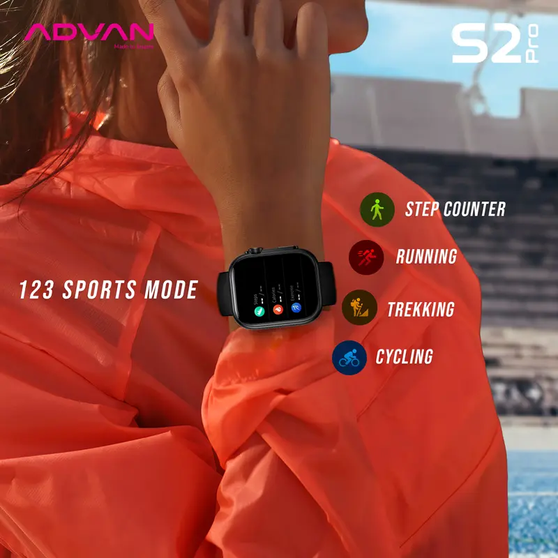 ADVAN Smartwatch S2 PRO AMOLED Display 1.95" inch Slim AI Voice Assistant Bluetooth Call Waterproof IP68 Touchscreen Health Monitoring 5