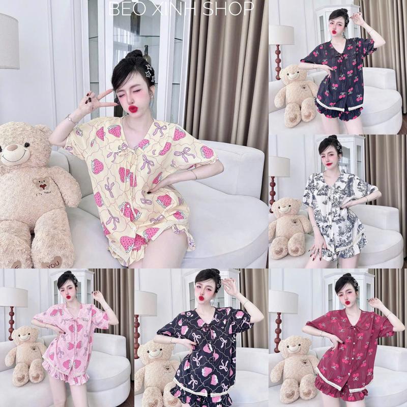 Đồ Bộ - Đồ Ngủ Quần Áo Đùi Lụa Nhật Phối Ren Tiểu Thư  Pijama Bigsize 50-100kg Bộ Ngủ Nữ Nhung Lịch Women Quần Ngủ - A.5046