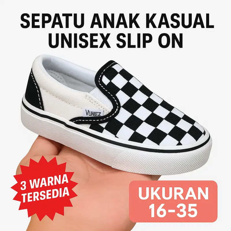 Sepatu Anak Laki Laki & Perempuan Slip On Kasual Motif Kotak Kotak Warna Hitam Unisex Size 16-35 - Fashion 0