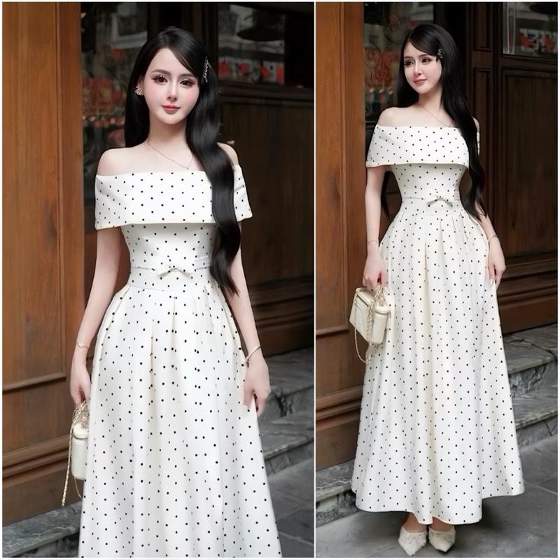  Đầm Chấm Bi Trễ Vai Dáng Dài Dự Tiệc A131 Tùng Váy Xoè Nhẹ Sang Trọng Đi Cưới Đi Hẹn Hò - Akara Closet 