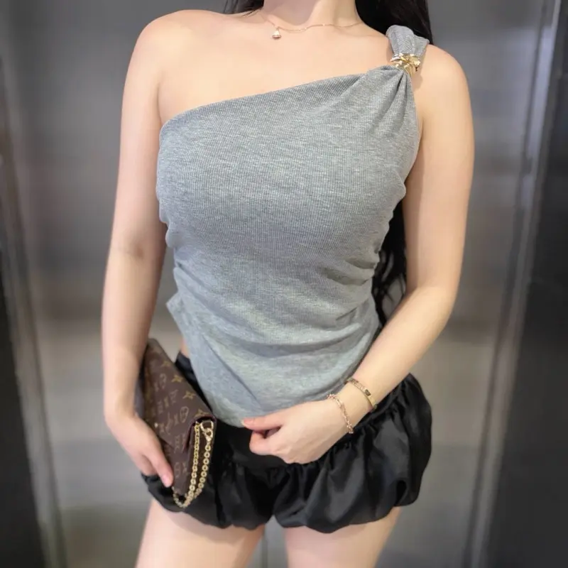Luxia Bross Atasan Wanita One Shoulder Bahan Lembut Baju Crop Stylish variasi 5