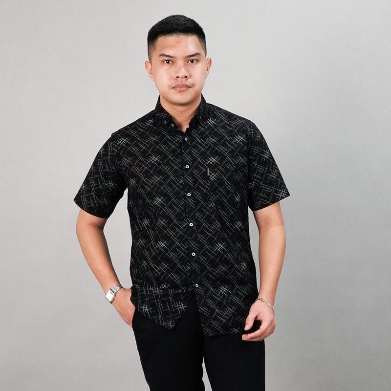 PF - Kemeja Motif Pria Verdant Full Printing Lengan Pendek Casual M-XL Baju Atasan Cowok Slimfit Bahan Katun Hem Formal Dewasa Distro Kerja Hitam 6