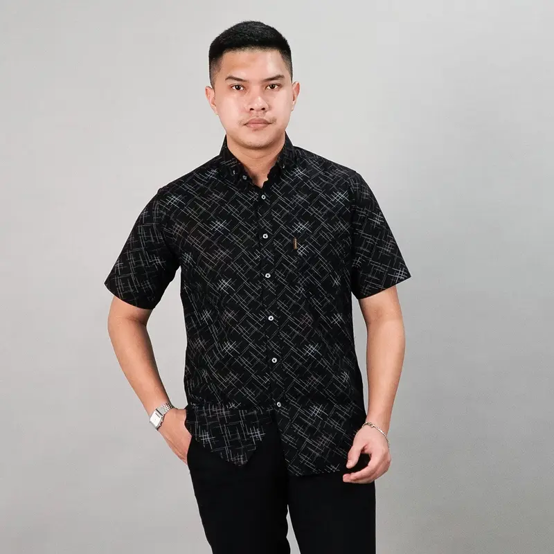 PF - Kemeja Motif Pria Verdant Full Printing Lengan Pendek Casual M-XL Baju Atasan Cowok Slimfit Bahan Katun Hem Formal Dewasa Distro Kerja Hitam 5