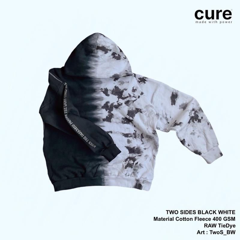 CURE, TWO SIDES BLACK, Hoodie Boxy, Tie Dye, Reflective, Fleece Katun 400 GSM Unisex Distro Keren Hitam 1