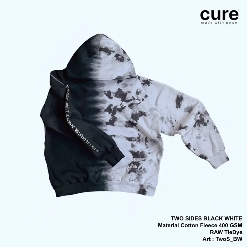CURE, TWO SIDES BLACK, Hoodie Boxy, Tie Dye, Reflective, Fleece Katun 400 GSM Unisex Distro Keren Hitam 1