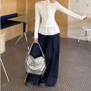 Áo Thun Dài Tay Viền Ren Nơ Chấm Bi, Dành Cho Nữ, Áo Mặc Bên Trong Đầu Thu, Áo Cánh Thời Trang Thường Ngày Thích Hợp Cho Nữ, 3659 #