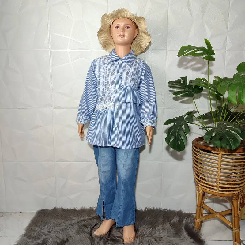 Setelan Anak Perempuan 4-12 Tahun, Baju Kemeja Salur dan Celana Jeans Cutbray - Fashion 7