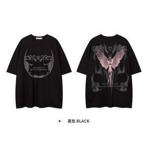Dark style Angel print print T Shirt, round neck, loose, pure cotton casual tops, round neck, shoulder belts, silhouette silhouette, breathable, shoulder drop design prints T Cool summer shirts