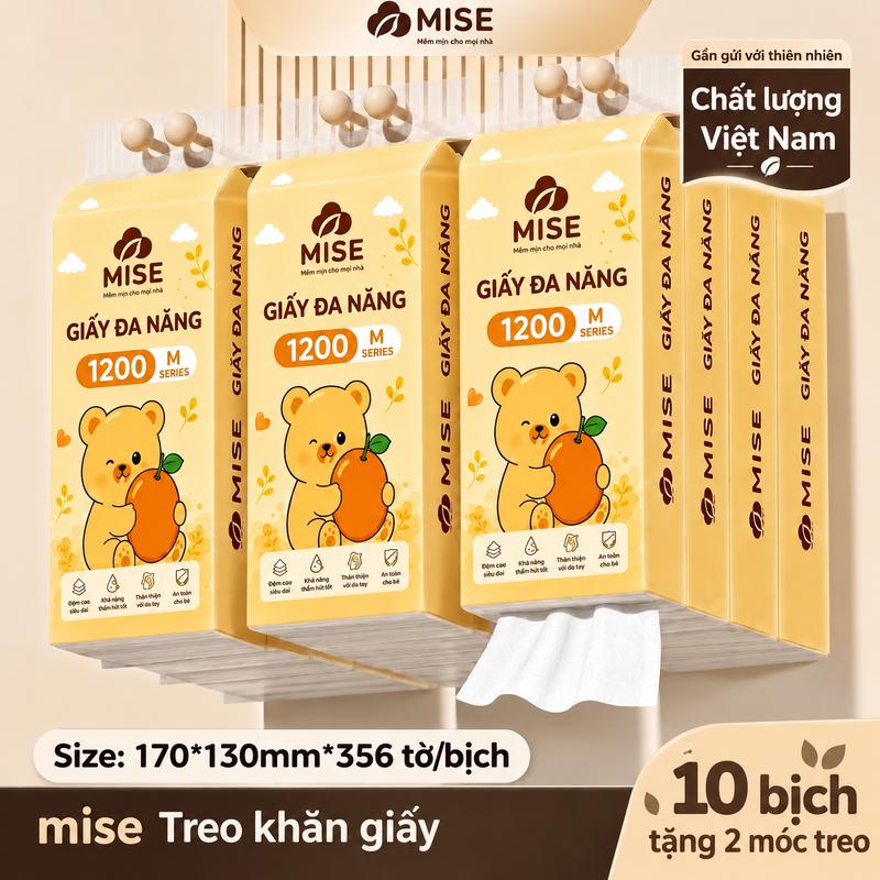 [Mua 10 Tặng 2 Móc Treo] Mise Giấy treo tường, bao bì gấu xinh xắn, khăn giấy rút đáy mềm mịn, không bụi giấy, mua 10 bịch tặng 2 móc treo, 128x170mm, làm từ bột gỗ tự nhiên an toàn, không bụi giấy, ĐẠT QUY CHUẨN BỘ CÔNG THƯƠNG