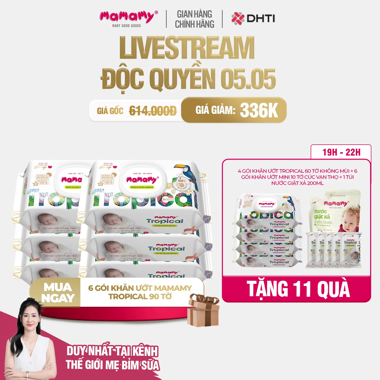 [TGMBS][MUA 6 TẶNG 11] MUA 6 gói khăn ướt Mamamy Tropical 90 tờ TẶNG 4 gói khăn ướt Mamamy Tropical 60 tờ không hương thơm + 6 gói khăn ướt mini Tropical 10 tờ cúc vạn thọ + 1 túi nước giặt xả 200ml