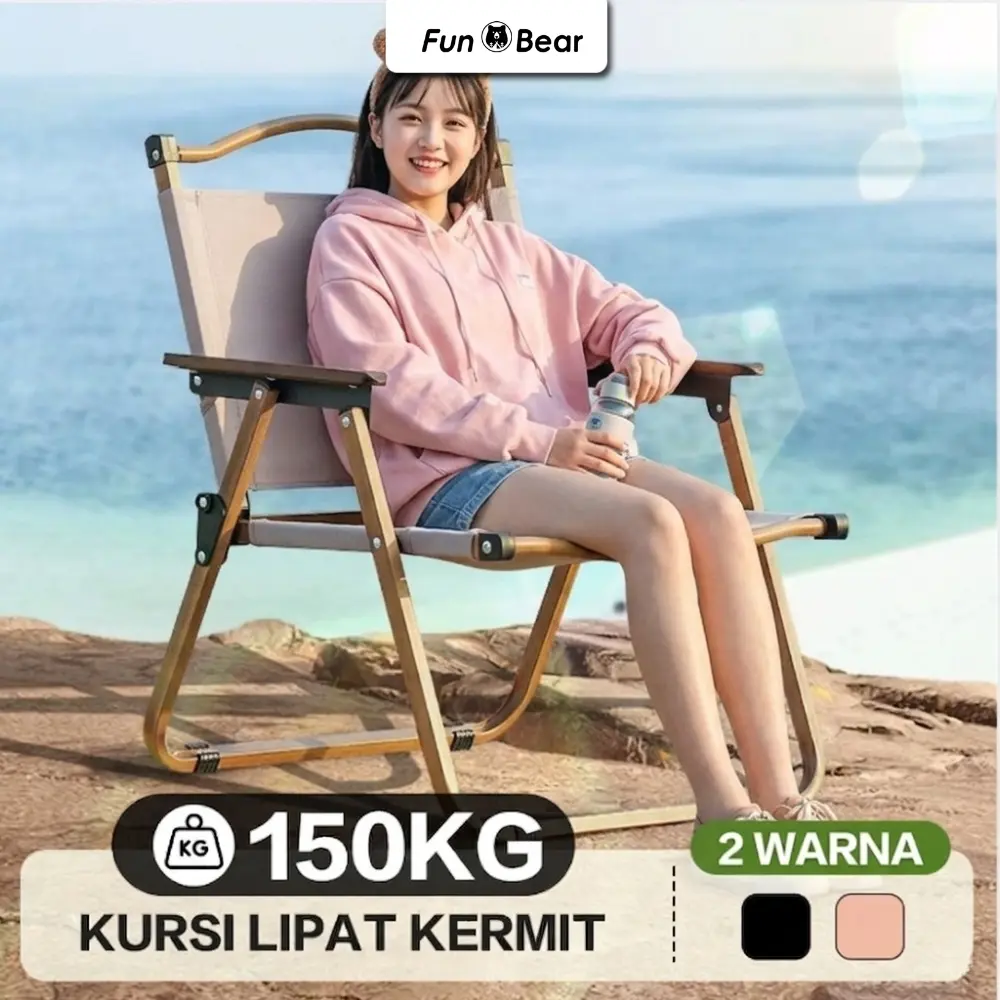 Funbear Kursi Lipat Kermit Kursi Pantai Lipat Dengan Gagang Kayu Kursi Camping Beban 150kg Furniture Carbon Steel Outdoor