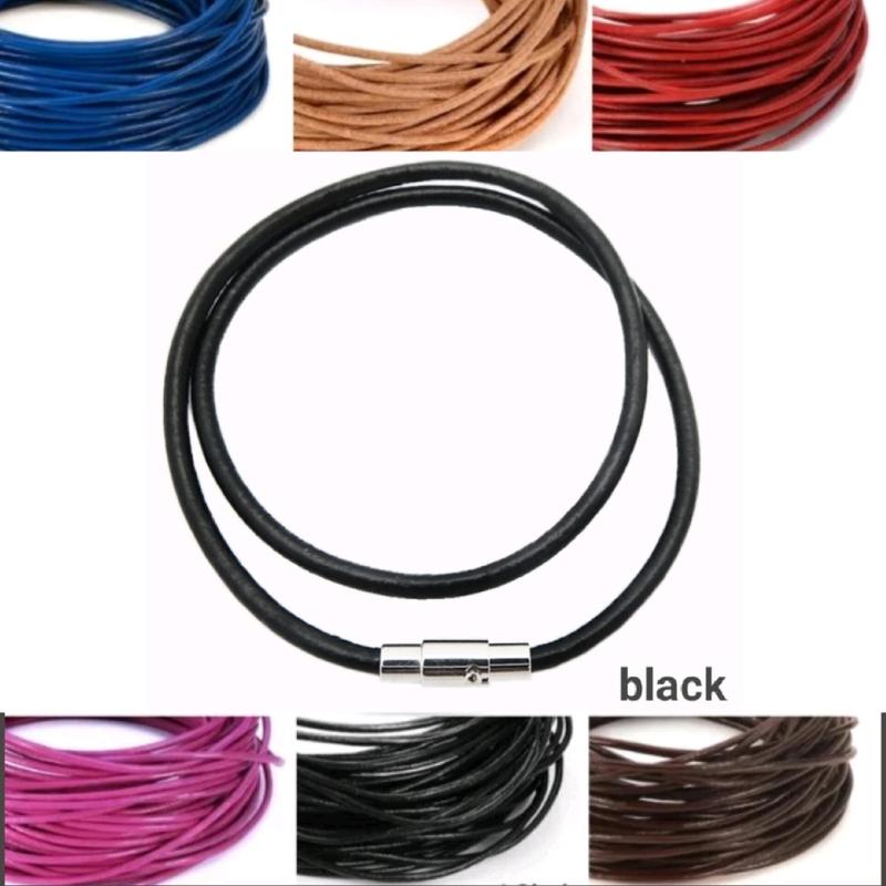 Kalung Pria Wanita Anak Tali Kulit Asli Genuine Leather Necklace Titanium Hitam Blac 0