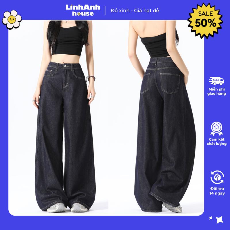 Quần jean dài ống rộng xanh than Hip Hốp cạp cao phong cách unisex 0