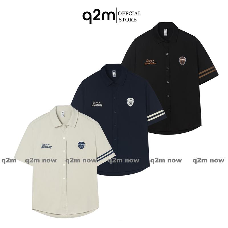 Sơ Mi ngắn tay thương hiệu q2m , Bốn màu Be Xanh Đen Đỏ thêu hoạ tiết mã SMN.01