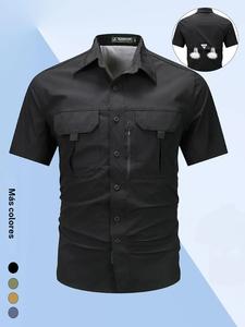 Camisa de Estilo Global con Manga Corta y Bolsillo Multifuncional, Ideal para Vestimenta de Negocios y Casual, Disponible en Diversos Colores