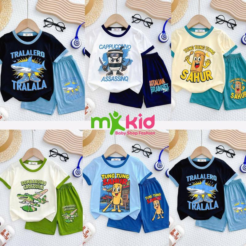 Bộ Áo Ngắn Quần Ngắn Tung Tung Sahur 9-30KG Vải Thun Lạnh Dành Cho Bé Cao Dưới 1M25 Đồ Bộ Bé Trai Mặc Ngủ , Đồ Mặc Nhà Đi Học Mềm Mát Cho Bé