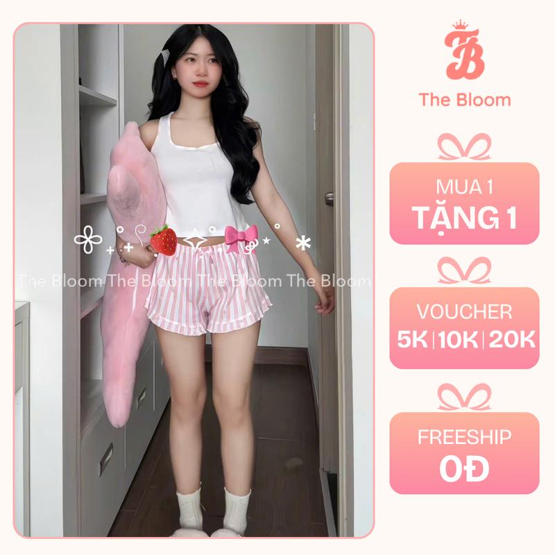  THE BLOOM Set bộ đồ ngủ áo ba lỗ trắng phối viền kèm quần short đính nơ viền bèo sọc trắng hồng set ngủ tiểu thư Loungewear - SE018 Cotton Nữ Women Top bongu quyen ru bộ  ngủ  thun  tăm  2  dây 
