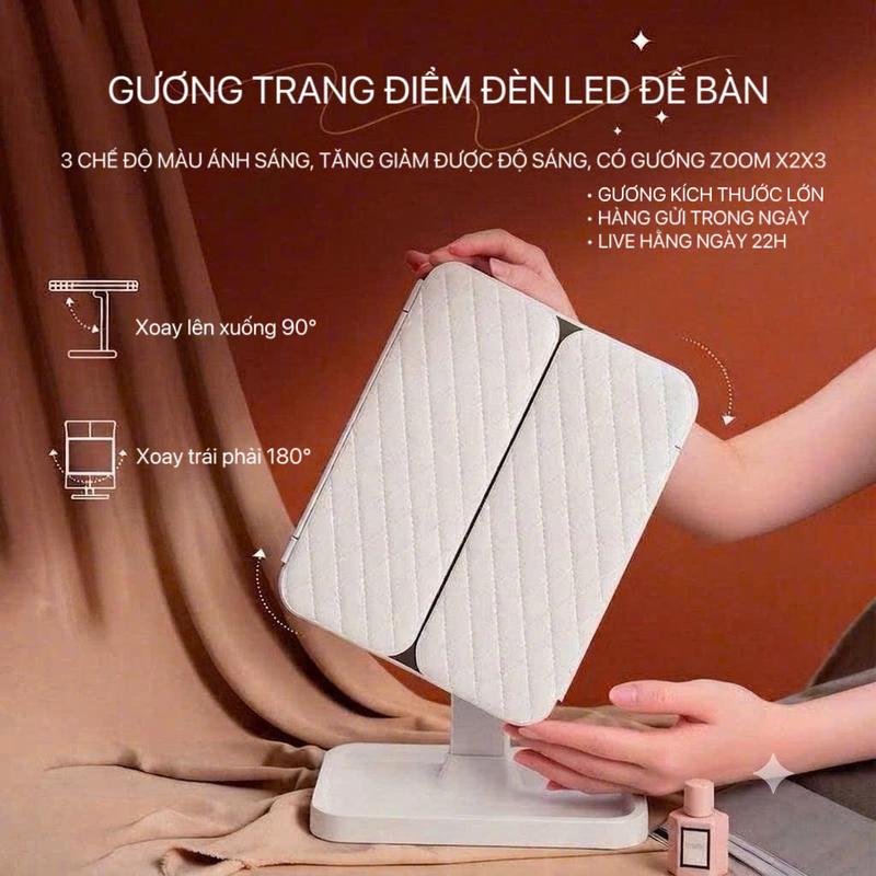 HiDu Gương Trang Điểm Đèn LED - Size LỚN - 3 Chế Độ Màu Ánh Sáng - Có Gương Zoom X2,X3 - Tăng Giảm Được Mức Độ Ánh Sáng