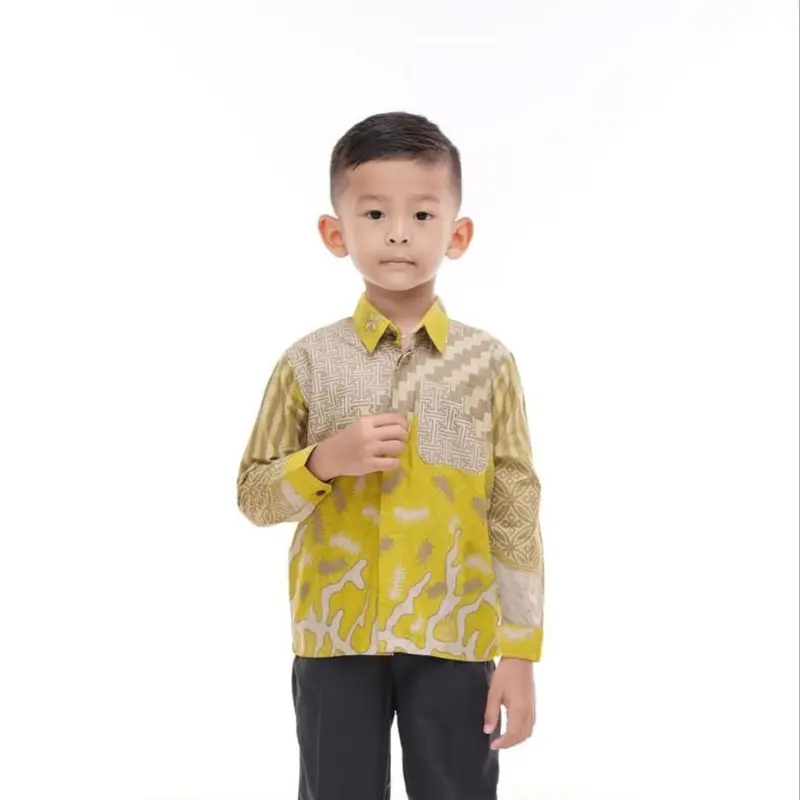 Kemeja Batik Pria Couple Batik Ayah dan Anak laki Laki Motif Inara Batik Anak Laki Laki Warna Kuning Lemon Lime 3