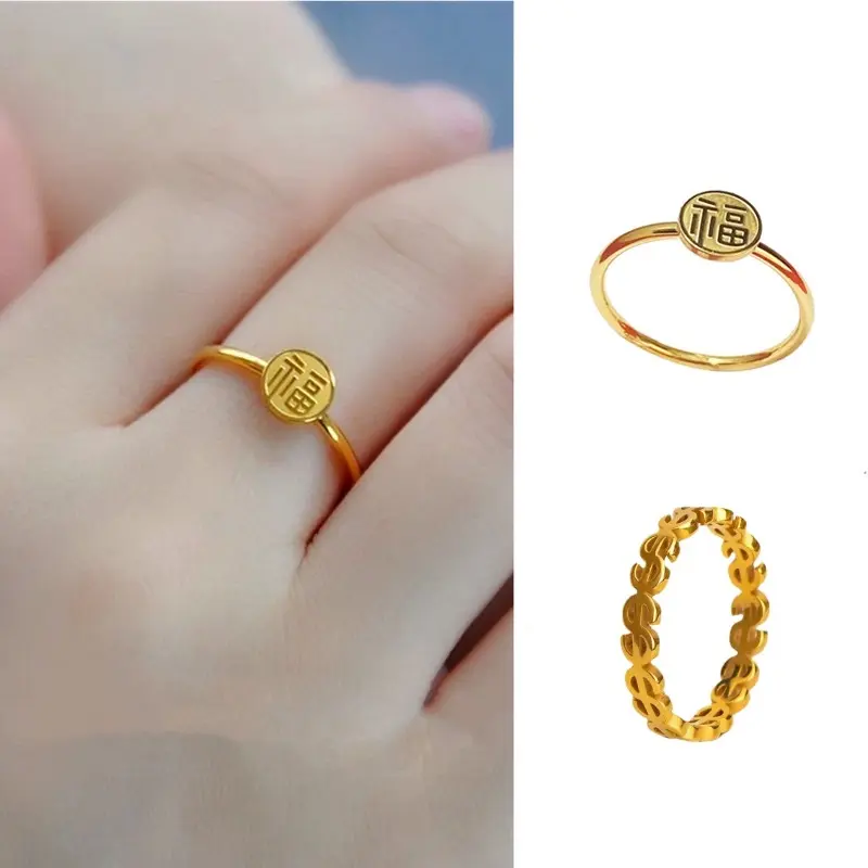 LUCKY Ring Stainless Charm Ring Does Not Fade Blessed Money Ring titanium steel plating   blessing does not lose color vintage ethnic style HYHGF1225