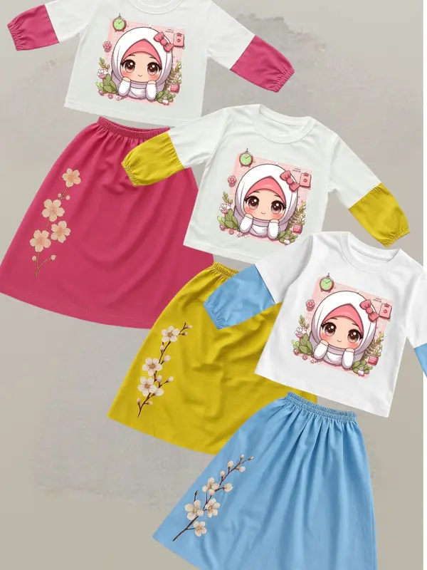 Setelan Rok Panjang Anak Perempuan Bahan Katun Untuk Usis 3-12 Tahun Fashion 3