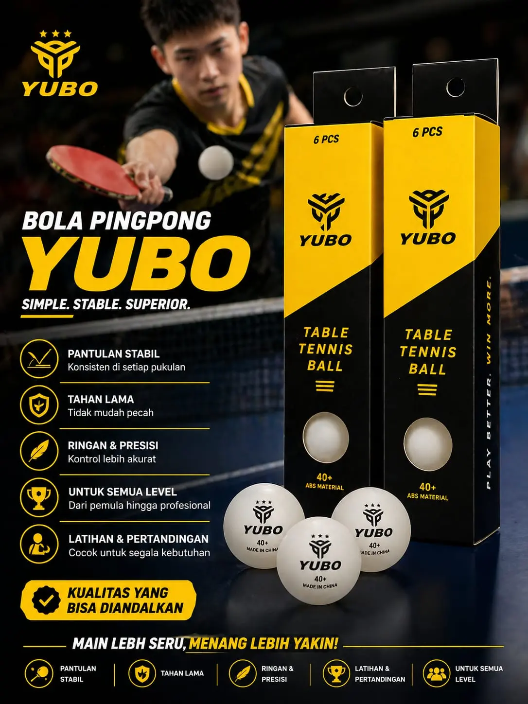 Terlaris 1 Pcs Bola Pingpong Yubo 3 Star isi 6 Putih Bola Tenis Meja Pimpong High Quality Ball Outdoor
