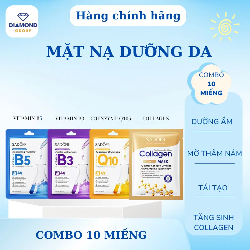 COMBO 10 MIẾNG MẶT NẠ B5, B3, Q10, COLLAGEN - TINH CHẤT PHỤC HỒI TÁI TẠO LÀN DA MỀM MẠI VÀ CĂNG BÓNG