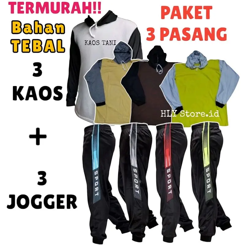 PROMO 6 PASANG, 3 Kaos + 3 Celana Panjang Jogger / Kaos Tani / Kaos Basahan / Kaos Proyek / Kaos Outdoor / Celana Panjang Training Dewasa Pria Wanita-Setelan