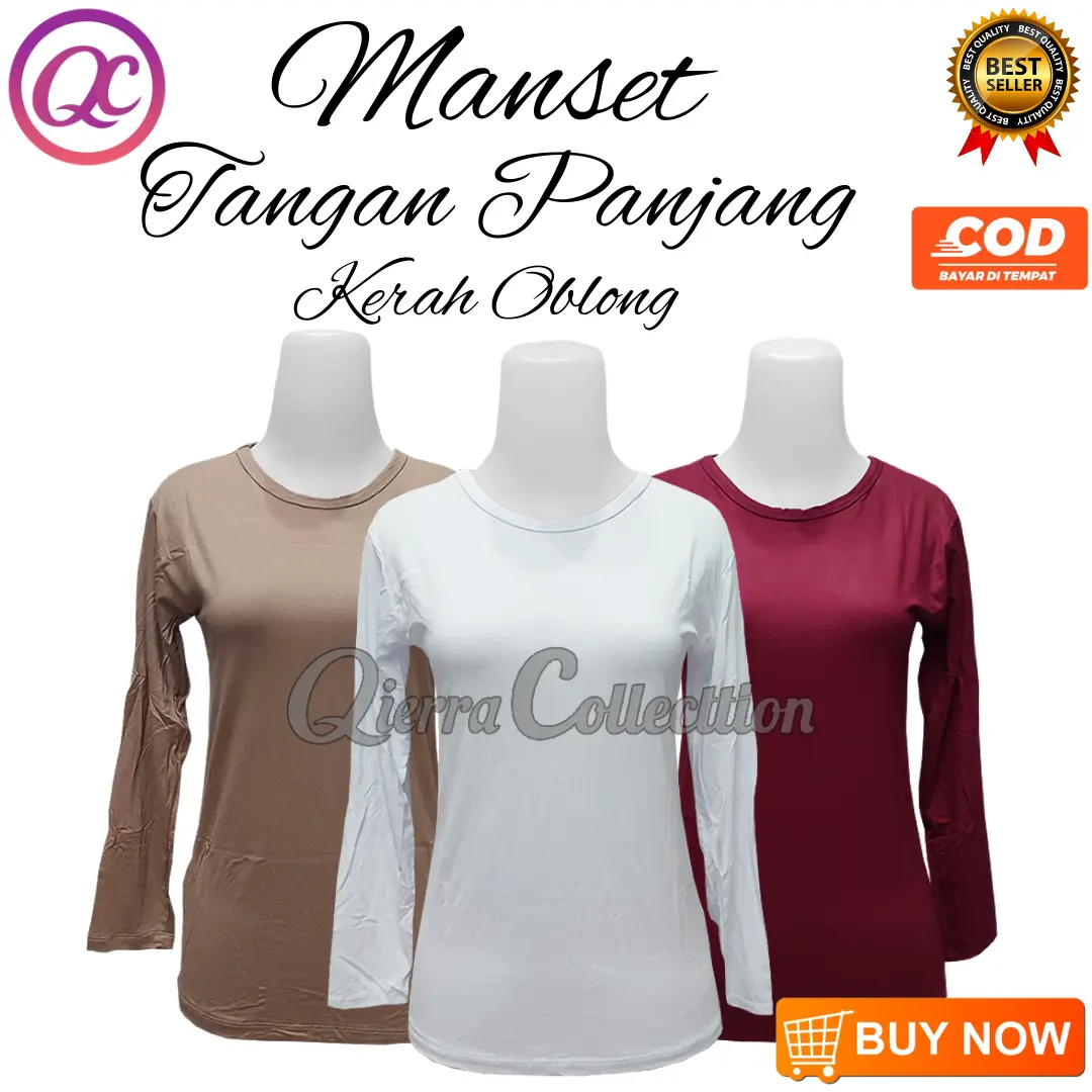 Manset Lengan Panjang Kerah O Neck Oblong Wanita Bahan Rayon Premium Polos Dalaman Perempuan Spandek Kaos Dewasa Anak Mangset Atasan Inner Cewek  LD 120 UV Melar Nyaman Hitam Baju Bulat Tangan