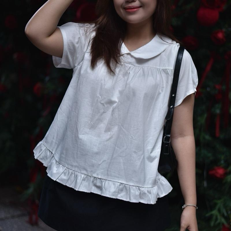  Áo babydoll phối lai bèo bigsize 90kg dáng rộng tay ngắn tay phồng cổ sen - Miabigsize 