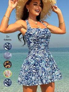 Traje de baño de una pieza con cuello halter fruncido y estampado étnico para mujer, vestido de baño sin espalda sin mangas bohemio para vacaciones en la playa, traje de baño para mujer para todas las estaciones