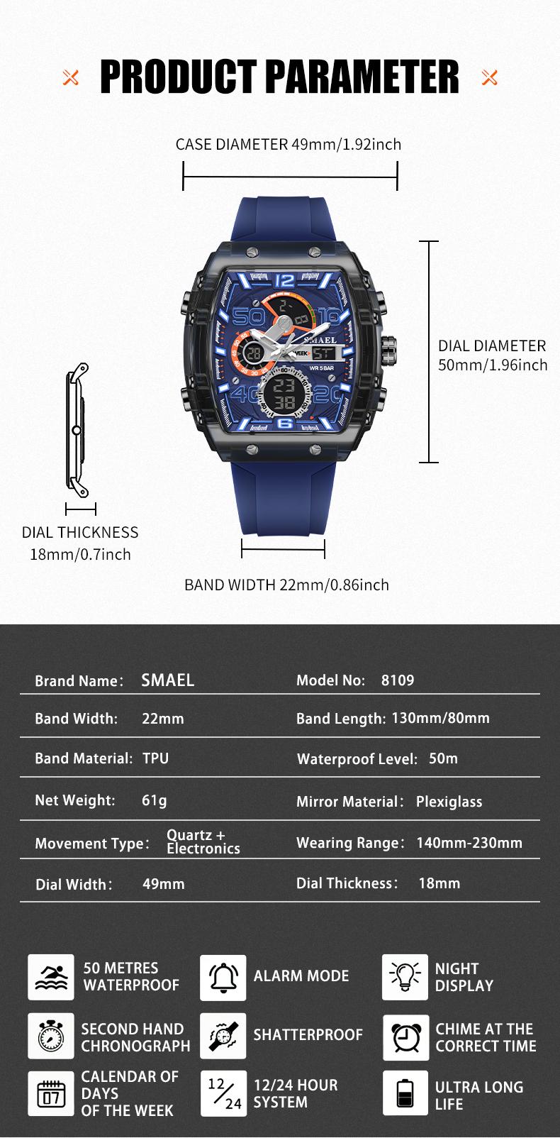 Product Introduction of นาฬิกาอิเล็กทรอนิกส์สำหรับผู้ชาย SMAEL เหมาะสำหรับนักเรียนและกีฬา กันน้ำ เรืองแสงในที่มืด มัลติฟังก์ชั่น สไตล์กลางแจ้ง ดีไซน์สี่เหลี่ยม บุคลิกภาพ 8109 3