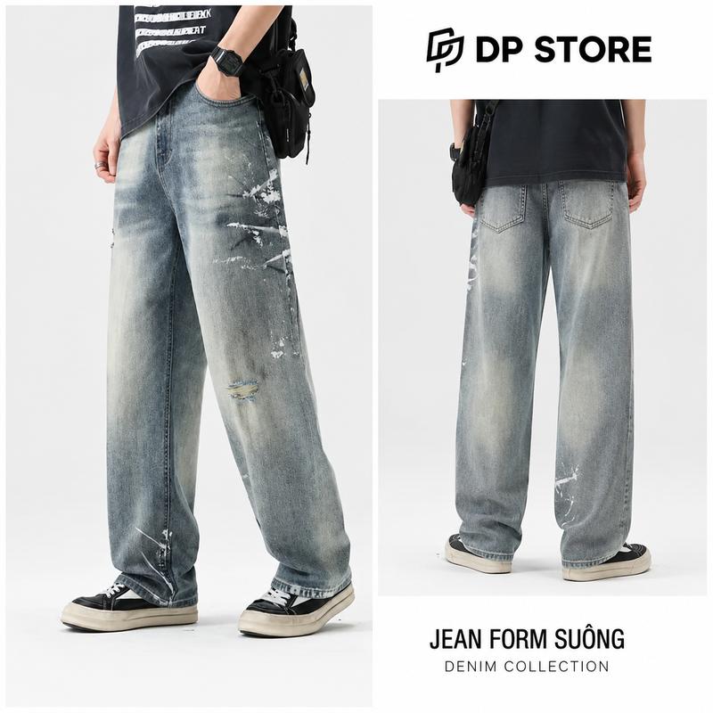 Quần Jean Nam Ống Suông Unisex Wash Denim Thời Trang Đường Phố
