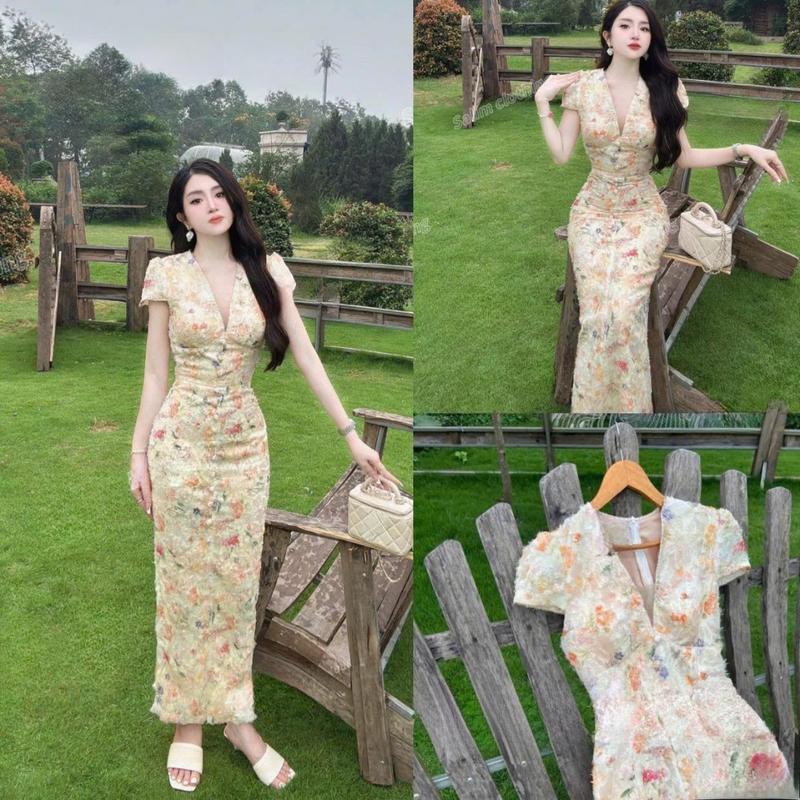 Váy ren hoa cổ V dáng body dài B30 - Thương hiệu uy tín