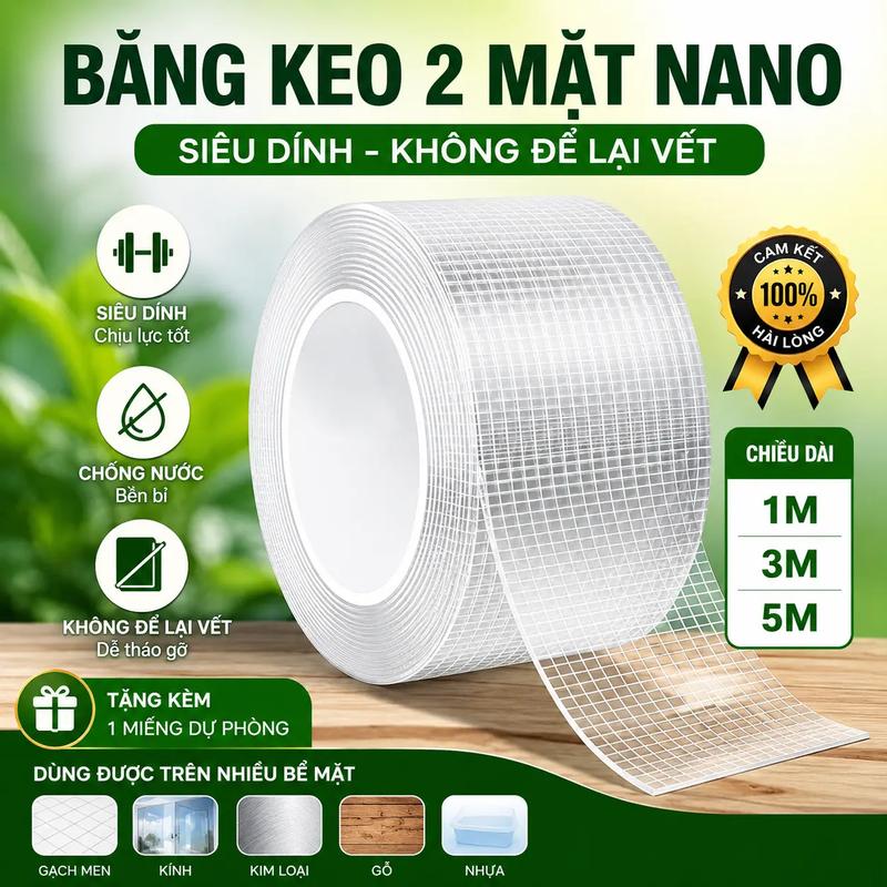 Băng keo hai mặt Nano lưới dày 1 mm, Vật liệu Acrylic Nano, có thể giặt được,…