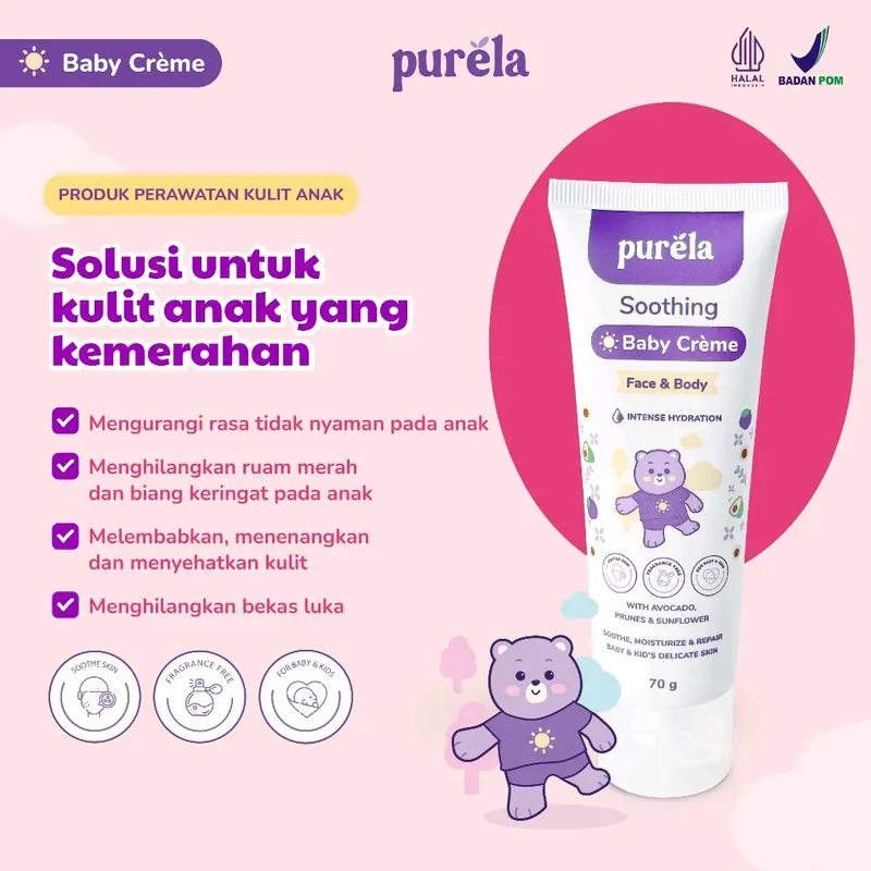 PURELA Soothing Baby Creme Face & Body (70gr) Perawatan Skincare Anak Wajah dan Badan | Krim untuk Mencerahkan, Mengatasi Ruam, gatal alergi, biang keringat, gatal kemerahan dan Permasalahan Kulit Bayi lain, BPOM & HALAL 2