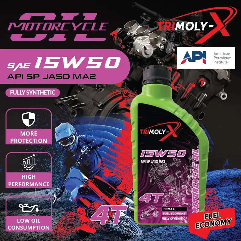 TRIMOLY-X TRIMOLYX 4T 15w50 1L Fully Synthetic API SP JASO MA2 Motorcycle Engine Oil Minyak Hitam Pelincir Motosikal