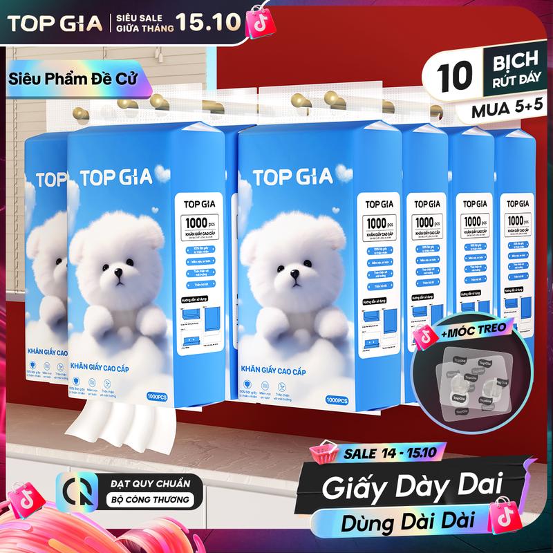 (10 BỊCH - SIÊU MỀM MỊN) Thùng 10 bịch Khăn Giấy Ăn Rút Đáy GIA GIA - TOPGIA, 4 lớp mềm mịn, 1000 tờ/bịch, làm từ bột gỗ tự nhiên an toàn, ĐẠT QUY CHUẨN BỘ CÔNG THƯƠNG, tặng kèm 3 móc treo tiện lợi (tg68)