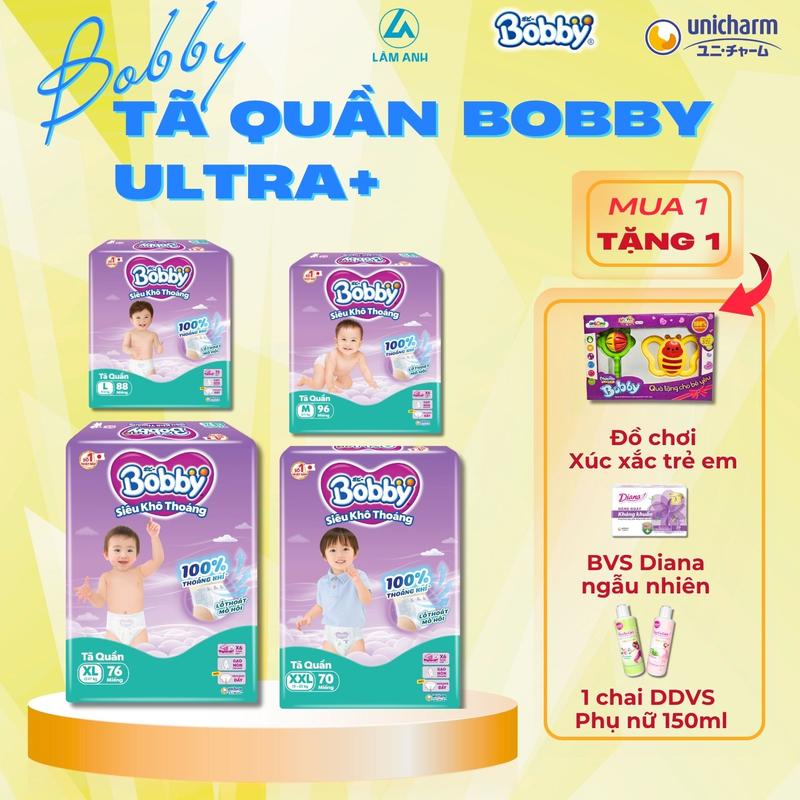 [MUA 1 TẶNG ĐỒ CHƠI XÚC XĂC/BVS DIANA BẤT KÌ/DDVS PHỤ NỮ 150ML] Tã Quần Bobby Ultra+ Size M đến XXL _Lâm Anh