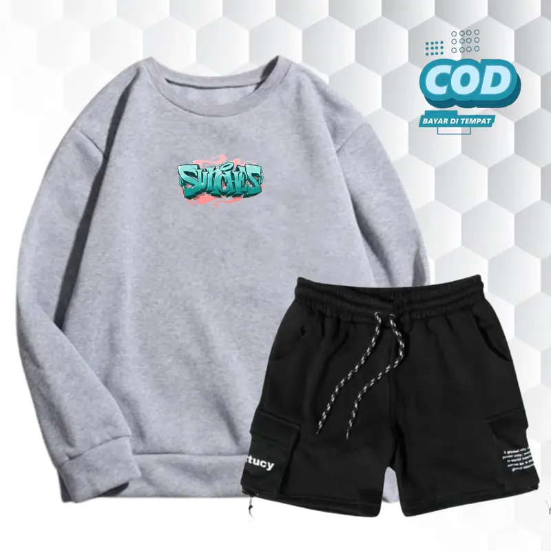 Setelan sdatu Set Crewneck Dan Celana Pendek Cargo Pria Wanita Distro Stelan Sweater Korean Style Bahan Fleece Brend Lokal Bandung Distro Size M L XL XXL Katun Polos Hitam Atasan  Dewasa outfit  cowok setelan hoodie cowok 1 set dewasa  Keren  Casual 5